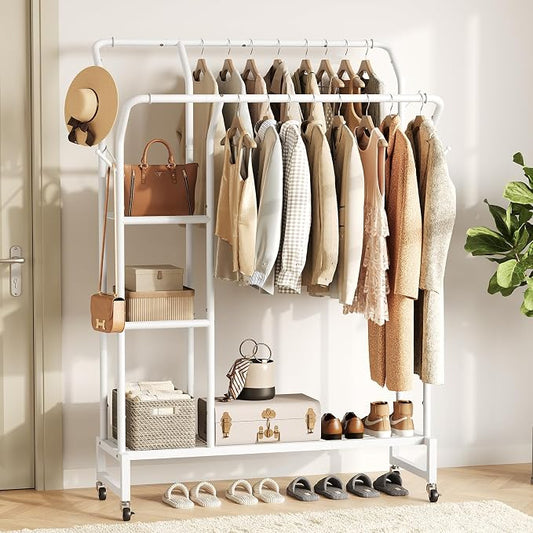 Yoobure Double Rods Clothes Rack - Portable Clothing Rack with Wheels, Rolling Garment Rack with 3-Tier Shelves & 4 Hooks, Freestanding Clothing Racks for Hanging clothes, Coat Rack for Closet Bedroom