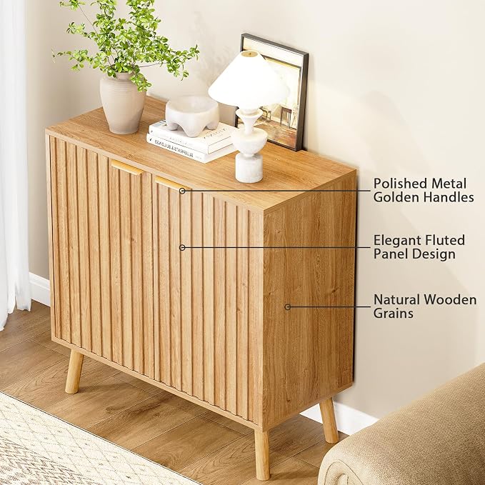 Set of 4 Fluted Storage Cabinet, Buffet Cabinet with Storage, Wood Sideboard with Adjustable Shelf, Modern Accent Cabinet & Console Table for Entryway, Living Room, Dining Room, Natural