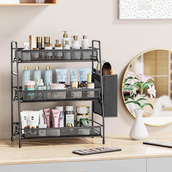 EKNITEY Bathroom Countertop Organizer Shelf - 3 Tier Counter Spice Rack | Metal, Removable Basket, Non-Slip Base, Makeup Rack, Small Coffee Station Organizer, for Sink Bedroom Kitchen Living room