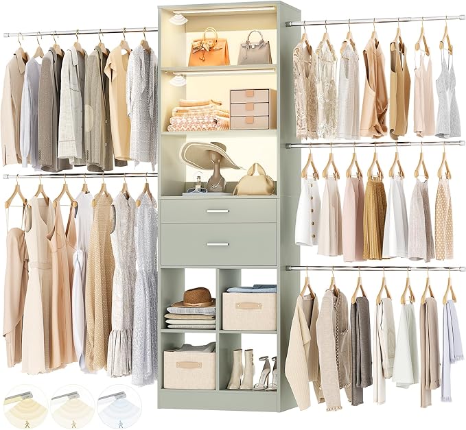 Besiost Closet System, 4-8 FT Closet Organizer System with Smart Sensor Lights, 2 Wooden Drawers and 5 Hanging Rods, Crab Green