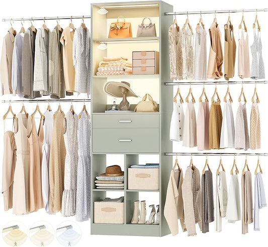 Besiost Closet System, 4-8 FT Closet Organizer System with Smart Sensor Lights, 2 Wooden Drawers and 5 Hanging Rods, Crab Green