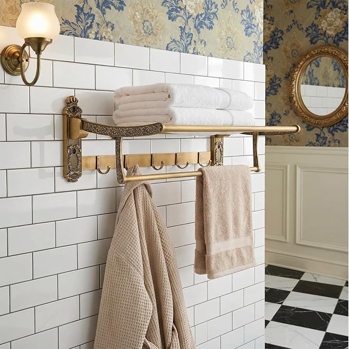 Brass Foldable Towel Rack with Hooks, Foldable Wall Mounted Bathroom Shelf Towel Bars Antique Gold Aluminum Rail Holder for Bathroom, Entryway, and Kitchen(2-Tier European Style,24")