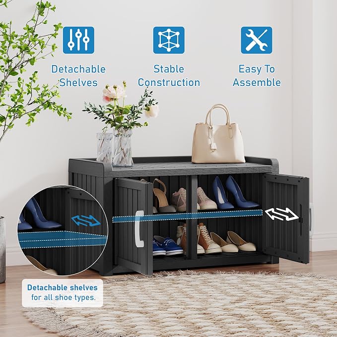Outdoor Shoe Storage Cabinet, Waterproof UV-Resistant Entryway Storage Bench Indoor Outdoor with 2 Barn Doors, Adjustable Shelves for Entryway, Bedroom, Hallway,Living Room(Black)