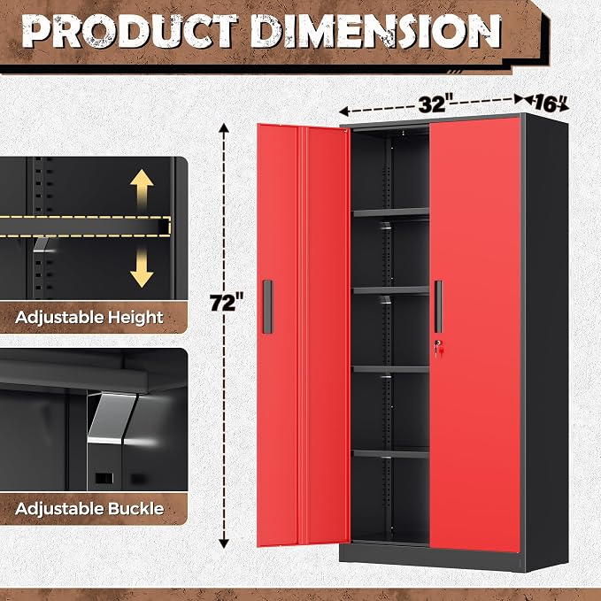 INTERGREAT Metal Storage Cabinet, 72” H Storage Cabinet with Doors and Adjustable Shelves for Office, Home, Garage, Pantry (Assembly Required, Black Red)