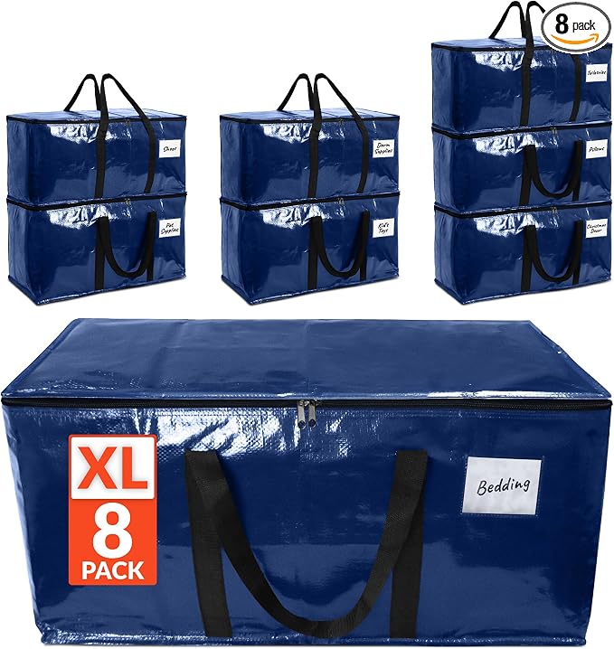 Reli. Moving Bags Heavy Duty (8 Pack) Blue, Extra Large Totes for Storage | for Storage & Packing | Small Space & Dorm Room Essentials | Packing Bags with Handles & Zippers | Alterative to Moving Boxes