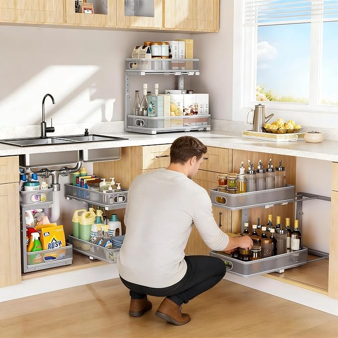 Under Sink Organizer 2 Pack, High Adjustable 2 Tier Under Sink Organizers and Storage, Slide out Metal Cabinet Organizers, Pull out Storage Drawer Shelf for Kitchen Bathroom Cabinet (Gray)