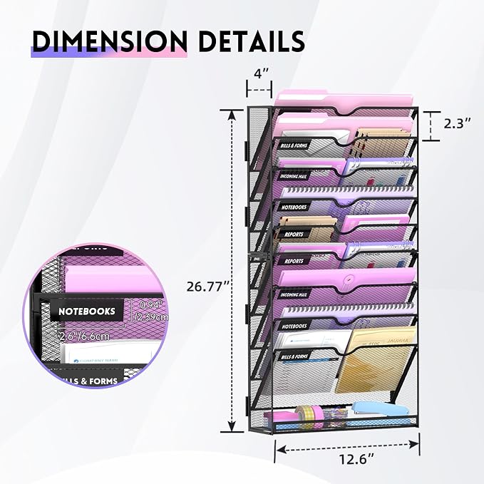 10-Tier Wall File Organizer with Base, Wall Mounted File Holder | Vertical Hanging File Organizer with Open Compartments and Label Holders for Mail, Folders and Paperwork at Home or Work