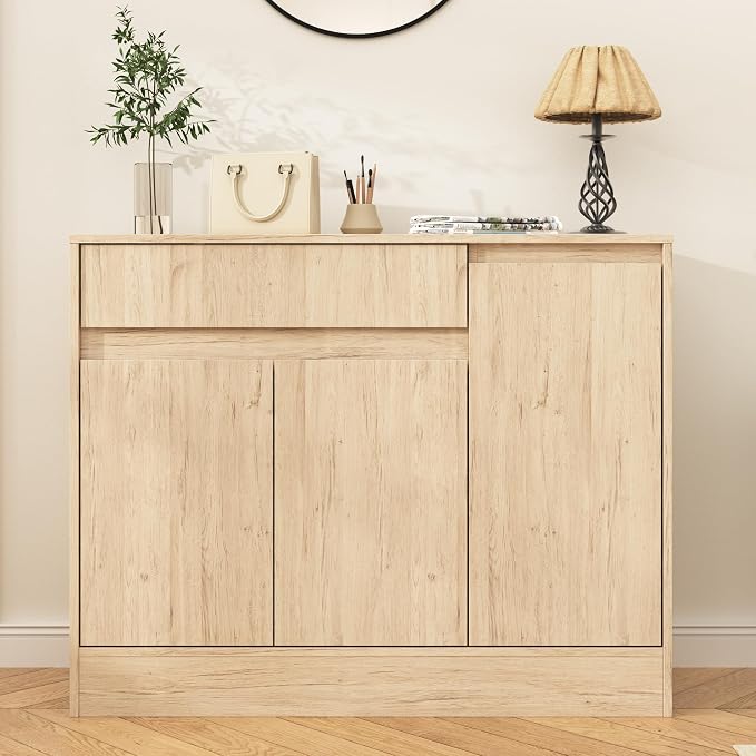 Housoul 39.4" W Shoe Storage Cabinet with 3 Doors & Drawer, Natural | Freestanding Modern Shoe Cabinet with Drawer & Adjustable Shelves, Wooden Shoe Organizer Cabinet for Entryway, Hallway