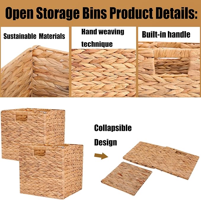 12x12x12 Inch Wicker Storage Basket Set of 2 Foldable Hyacinth Storage Box | Handmade Woven Basket for Closet,Shelf Organization & Decor - Natural
