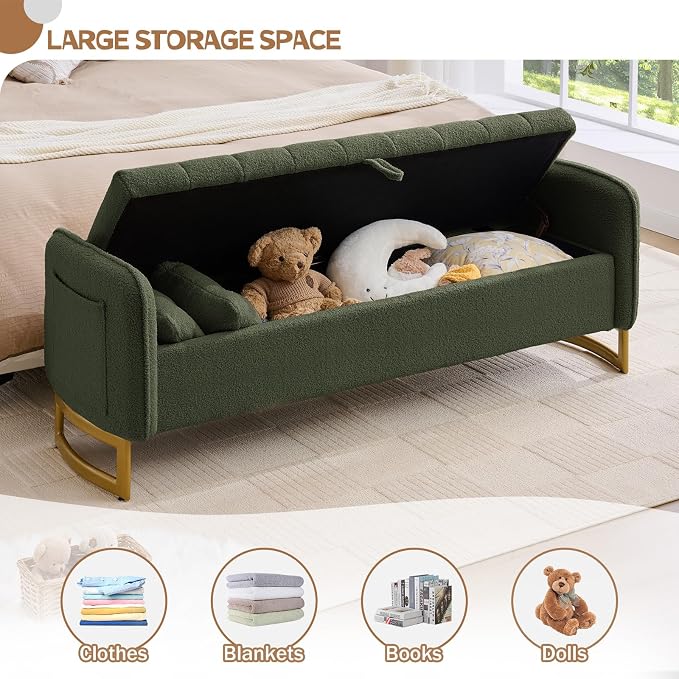 66'' King Size Storage Bench for Bedroom, Teddy Boucle End of Bed Benches for Foot of Bed, Storage Ottoman Bench with Golden Legs and Pockets for Living Room Window Entryway, Green