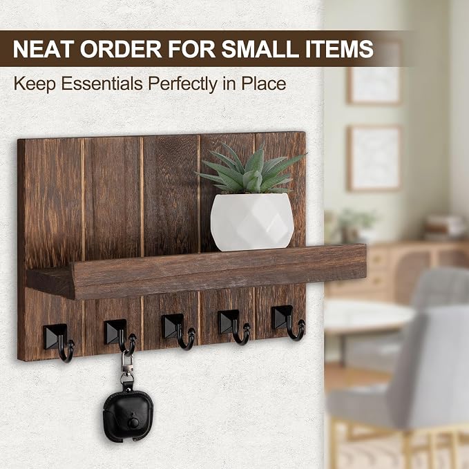 Key Holder for Wall, Decorative Key Holder with Shelf, Key and Mail Holder Wall Mount, Farmhouse Decor with 5 Key Hooks for Keys, Coats, ect.