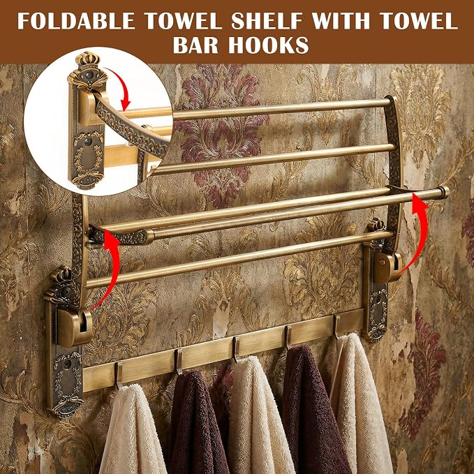 Brass Foldable Towel Rack with Hooks, Foldable Wall Mounted Bathroom Shelf Towel Bars Antique Gold Aluminum Rail Holder for Bathroom, Entryway, and Kitchen(2-Tier European Style,24")