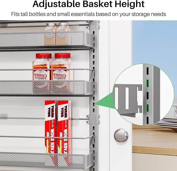 SNTD 8 Tiers Over the Door Organizer - Height Adjustable Pantry Organizers and Storage with Dense Mesh Baskets, Anti-Swing Hanging Door Spice Rack for Kitchen Bathroom (Grey, 17" W x 6" D x 69" H)