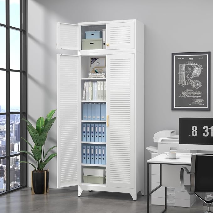 SteeLoong 90" Metal Storage Cabinet with Doors and 5 Adjustable Shelves | Kitchen Pantry Cabinet,White Tall Freestanding Cupboard with Gold Handle,Steel Garage Cabinets for Tool,Office,Kitchen,School