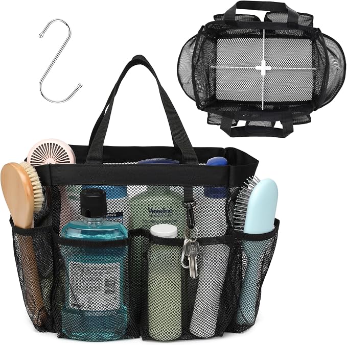 Mesh Shower Caddy Portable with Dividers - 2-Handle Shower Bag for Dorm | 8 Deep Pockets, S-Hook, Quick-Dry Mesh, College Dorm Room Essentials for Girls, Camping, Gym, Travel & Bathroom, Black