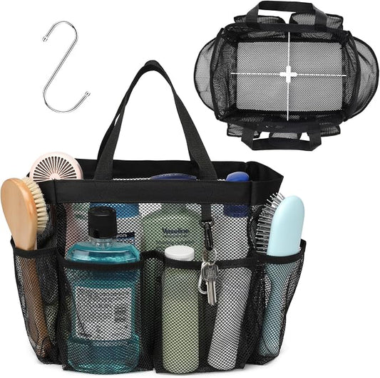 Mesh Shower Caddy Portable with Dividers - 2-Handle Shower Bag for Dorm | 8 Deep Pockets, S-Hook, Quick-Dry Mesh, College Dorm Room Essentials for Girls, Camping, Gym, Travel & Bathroom, Black
