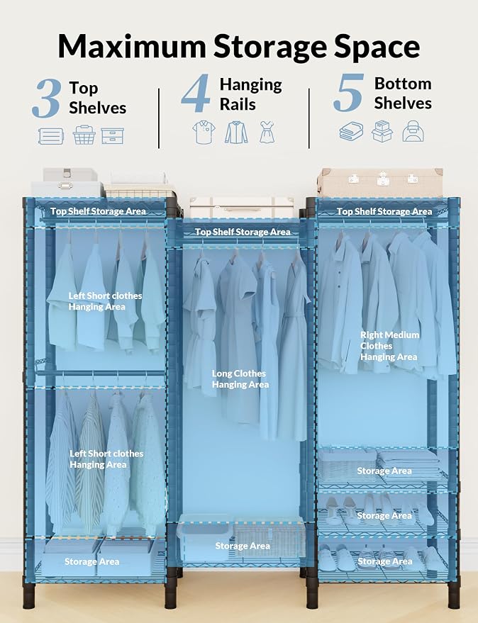 Heavy Duty Clothes Rack, Metal Garment Rack 64.8" W x 15.8" D x 76" H with Hooks, Freestanding Clothing Racks for Hanging Clothes, Portable Closet Organizer 900LBS Max Load, Easy Assembly-Black