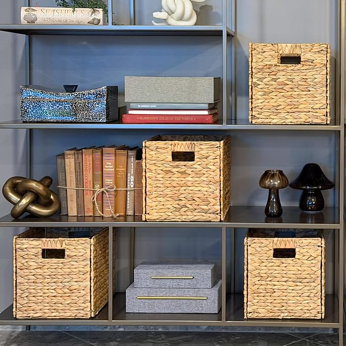 4 Hand-Woven Wicker Storage Baskets 13x11x11in, Water Hyacinth Shelf Bins | ECO-FRIENDLY & SUSTAINABLE