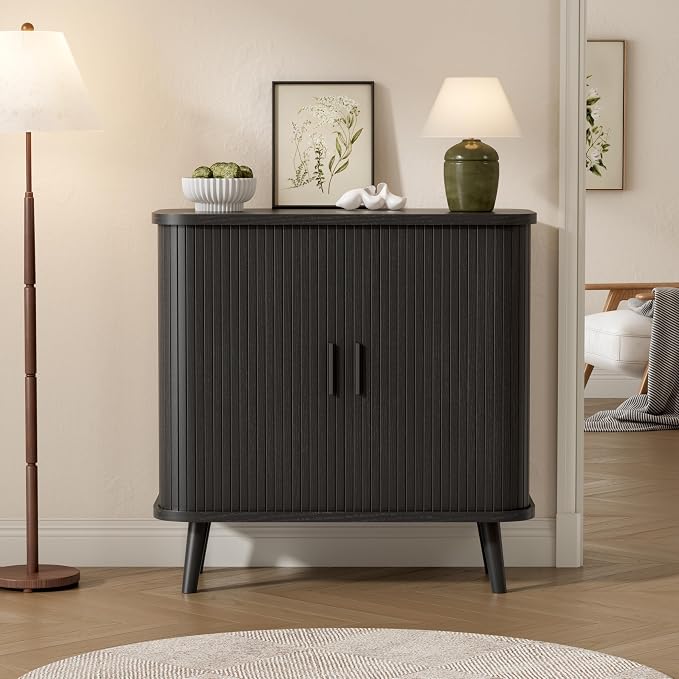 BORNOON Buffet Cabinet with Storage, Curved-Edge Fluted Storage Cabinet Sideboard, Modern Black Sideboard Buffet with Adjustable Shelves & Sliding Door for Dining Room, Kitchen, Entryway