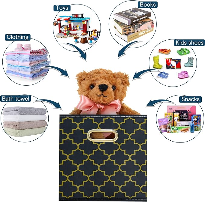 Fabric storage bins Cubes, Fabric Cube Organizer with Handle, Foldable Cube Bins for Cloth or Accessary Storage, 11x11x11, Set of 3, (Grey Gold)