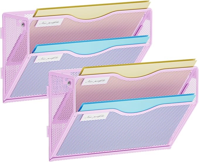 Marbrasse Wall File Holder 2-Tier Hanging Wall File Organizer, Mesh Mail Holder for Papers, Wall Mount File Clipboard & Magazine Organizer Great for Office Home - 2P(Purple)
