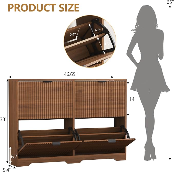 Shoe Cabinet Storage for Entryway with 4 Flip Drawers, Walnut Fluted Shoe Cabinet with Adjustable Shelves, Wooden Hidden Shoe Rack Freestanding Narrow Slim Shoes Storage for Hallway, Entrance