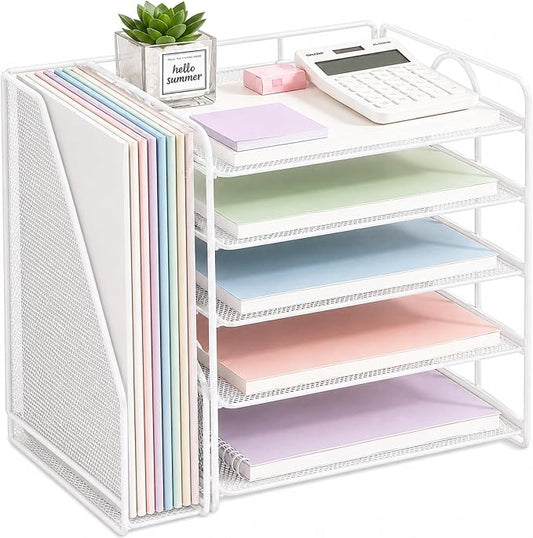 OPNICE Desk Organizer, 5-Tier Paper Organizer Letter Tray with Magazine Holder, Office Desk Accessories & Workspace Organizers, Desktop File Organizer for Office Supplies Storage, White