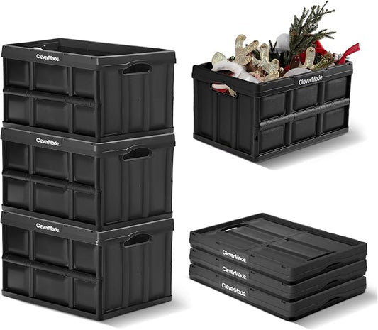 CleverMade Collapsible Storage Bins, 46L, 3 Pack, Obsidian | Each bin supports 75 lb for groceries, tools, or gear. Interlocking bases stack securely, and the bins fold to 2.75 inches.