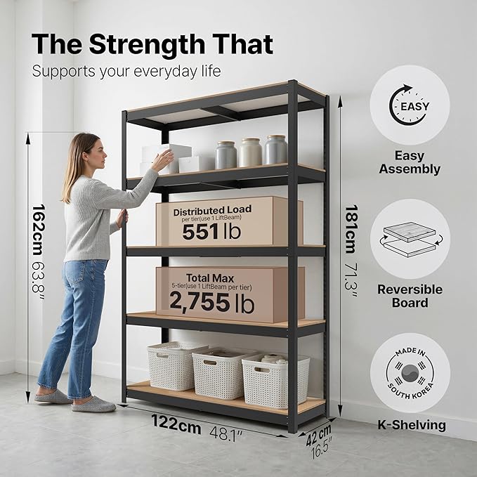 House Black 48.1" W 5 Tier Storage Shelves Garage Shelving Unit | Adjustable boltless metal shelving for pantry, closet, kitchen, basement, garage and warehouse