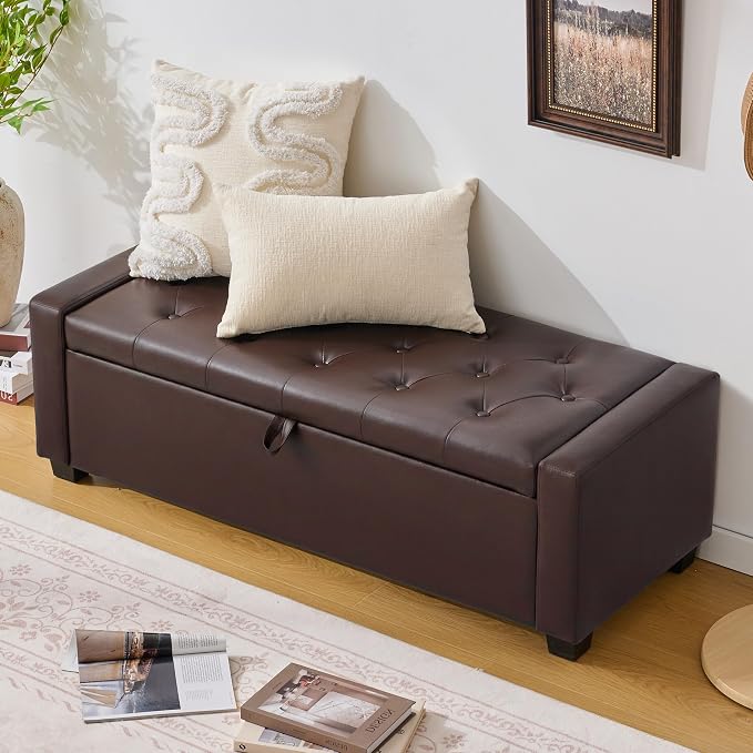 Huatean Home 48" Ottoman with Storage, Dark Brown Storage Ottoman Bench | Upholstered Entryway Bench with Seating for Bedroom, Living Room, with Safety Hinge, Holds up to 330 lb