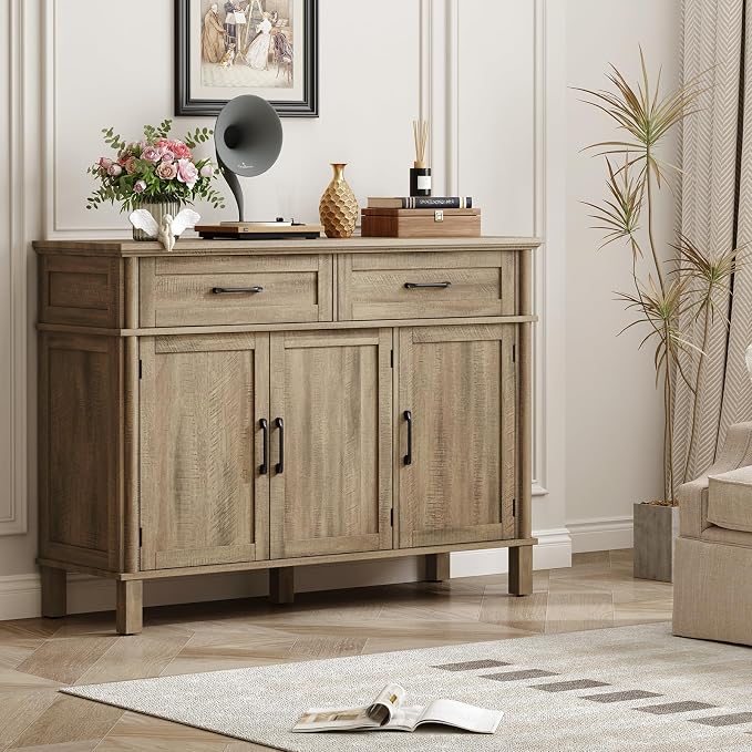 48 Inch Buffet Cabinet with Storage, Farmhouse Sideboard Buffet w/2 Drawers and 3 Doors, Coffee Bar Cabinet with Adjustable Shelves, Sideboard Storage for Kitchen, Living Room, Washed Grey
