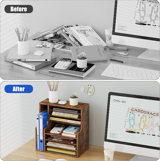 Wood Desktop File Holder Organizer Mail Sorter for File Folders, Mails, Envelopes or Magazines, 8 Compartments (Brown)