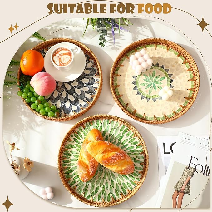 3 Pcs Round Rattan Tray with Mother of Pearl Inlay Wicker Serving Tray with Wooden Base Boho Decorative Wicker Basket for Table Decor Bathroom Candle Perfume(Classic Style)