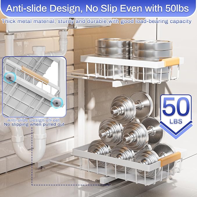 ADBIU 2 Pack Under Sink Organizers and Storage, Height Adjustable 2-Tier Pull Out Cabinet Organizer, Heavy Duty Slide Out Sink Shelf Drawer for Kitchen Bathroom Organization