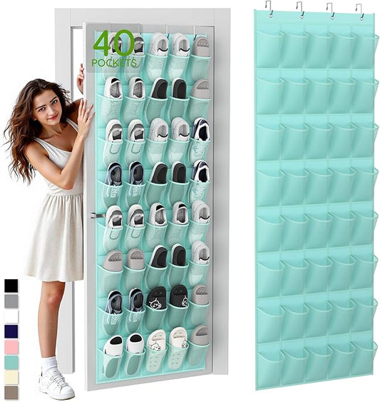 Over the Door Shoe Organizer with 40 Large Breathable Mesh Pockets, Space Saving Shoe Holder, Hanging Shoe Rack for Entryway Bedroom Closet Storage (Mint Blue, 40 Pockets)