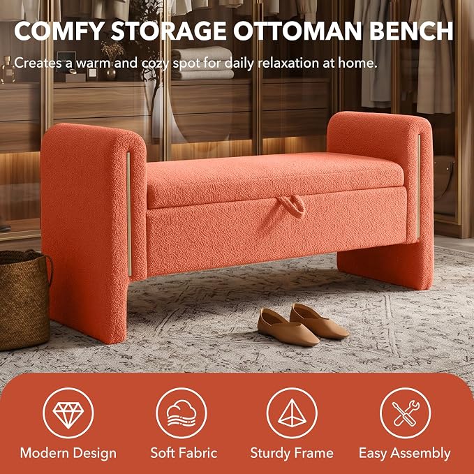 52" Flip-Top Storage Ottoman Bench, Teddy Entryway Bench (Orange) | Teddy Fleece Upholstered End of Bed Bench with Armrests, Soft Padded Window Bench for Living Room Bedroom Entryway