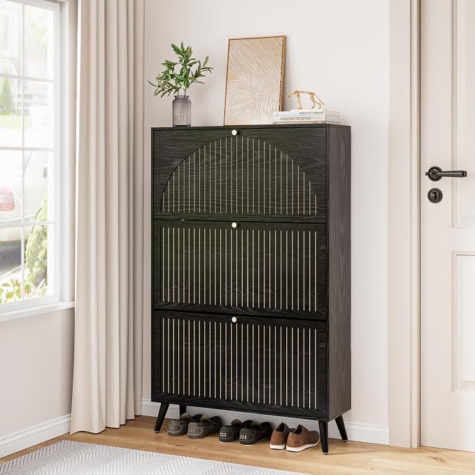 Fsbecl Shoe Storage Cabinet for Entryway with 3 Fluted Flip Drawers, Black | Narrow Design, Freestanding Shoe Rack with Adjustment Shelves, Wooden Hidden Organizer for Hallway Foyer, 18-24 Pairs