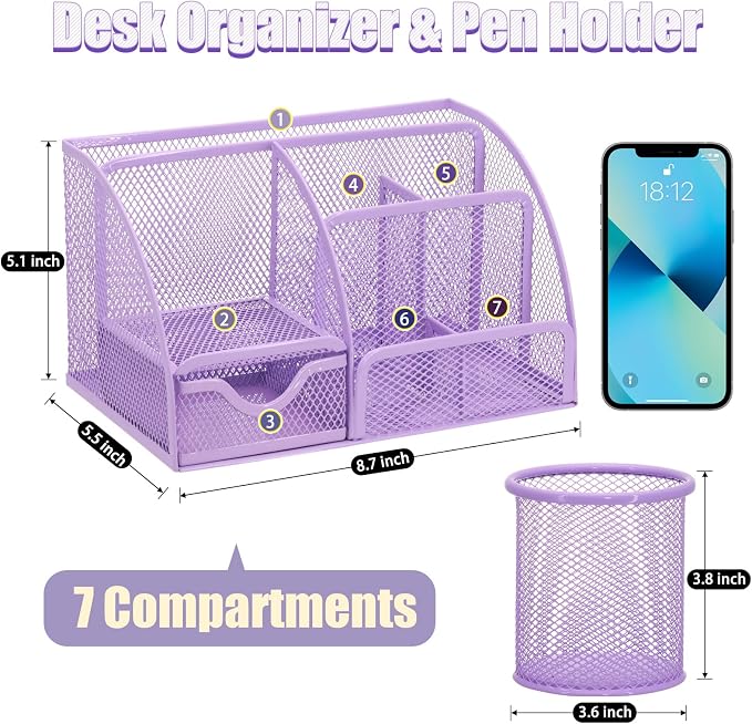 SYMDROMIA 13-in-1 Office Desk Organizer Set with Stapler and Tape Dispenser, Pen Holder, Scissors, Ruler, Hole Punch, 2 Pens & More Desktop Accessories for Back to School Supplies (Purple)