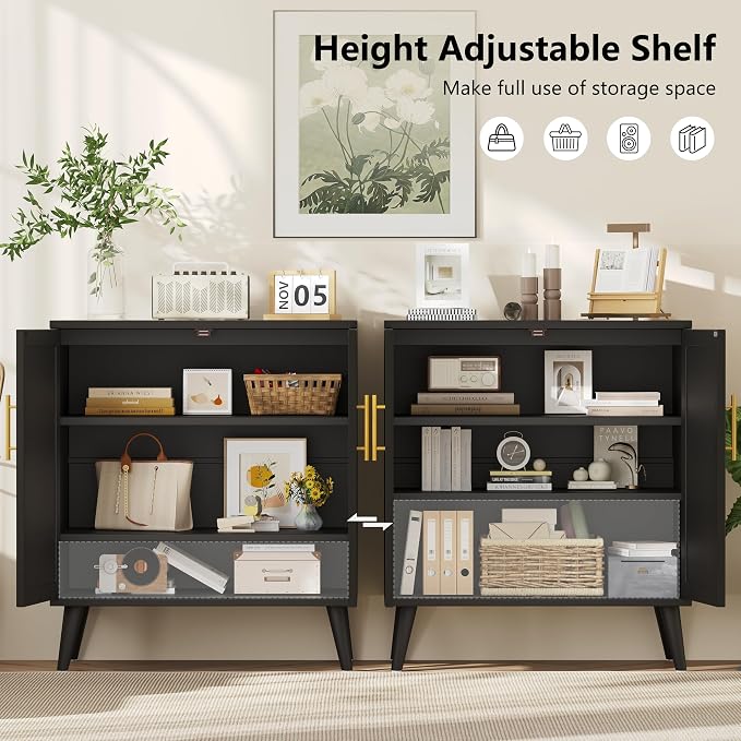 Keehusux 15.7" D Black Storage Cabinet with 2 Doors & Adjustable Shelf | Accent Buffet Sideboard Solid Wood Legs, Coffee Bar, Modern Floor Storage Cabinet for Kitchen, Living Room