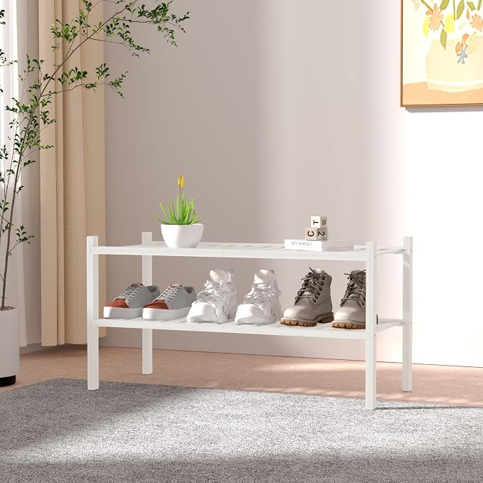 ROMGUAR CRAFT 2 Tier Bamboo Shoe Rack for Closet Free Standing Wood Shoe Shelf for Entryway Small Space Stackable 27"x11"x13" (White)