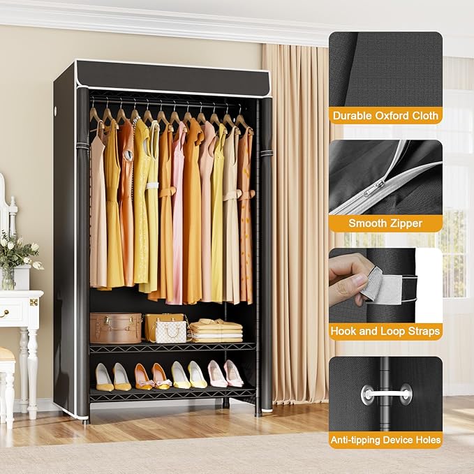 H5C Clothes Rack with Cover, Covered Clothing Rack Heavy Duty | Garment Rack with Shelves, 3-Tier Portable Closets for Hanging Clothes, Max Load 360LBS, Black Closet Racks with Black Cover