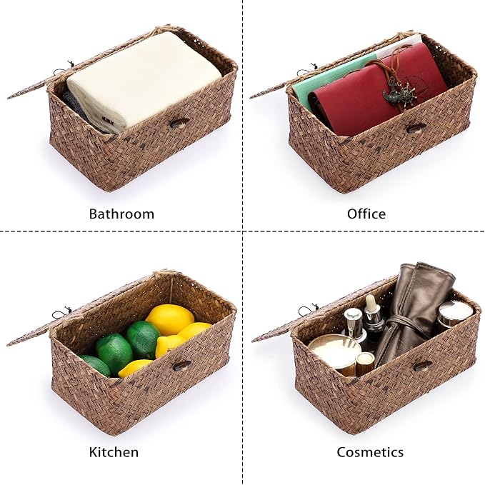 Hipiwe Wicker Shelf Baskets Bin with Lid, Handwoven Seagrass Storage Boxes | Rectangular Household Basket Boxes for Shelf Wardrobe Home Organizer, Coffee X-Small