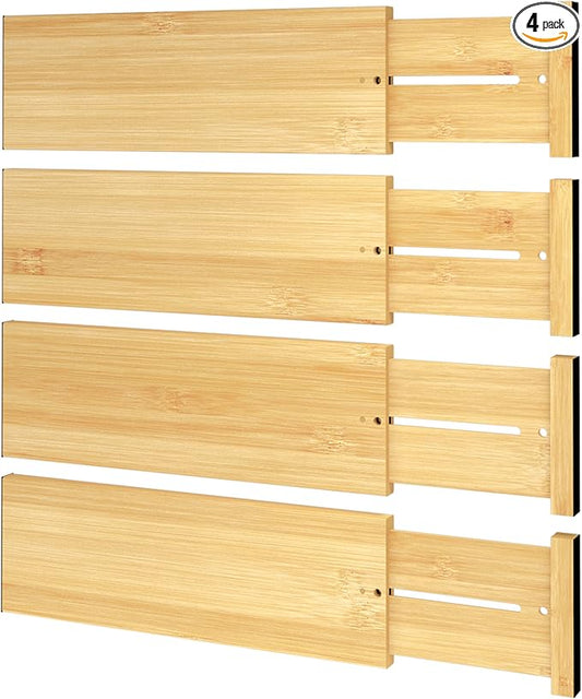 BAMEOS Bamboo Expandable Drawer Dividers – Fits 12.2"–17" Drawers, 4" Extra Deep Walls, Set of 4 | Tall Spring-Loaded Separator for Baby Dresser, Sock Drawer & Bathroom Cabinet