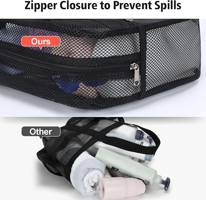 Mesh Shower Caddy Portable with Zipper - 2-Handle Shower Bag for Dorm | S-Hook, Quick-Dry Mesh, Toiletry Organizer, College Dorm Room Essentials for Girls, Camping, Gym, Travel & Bathroom, Black