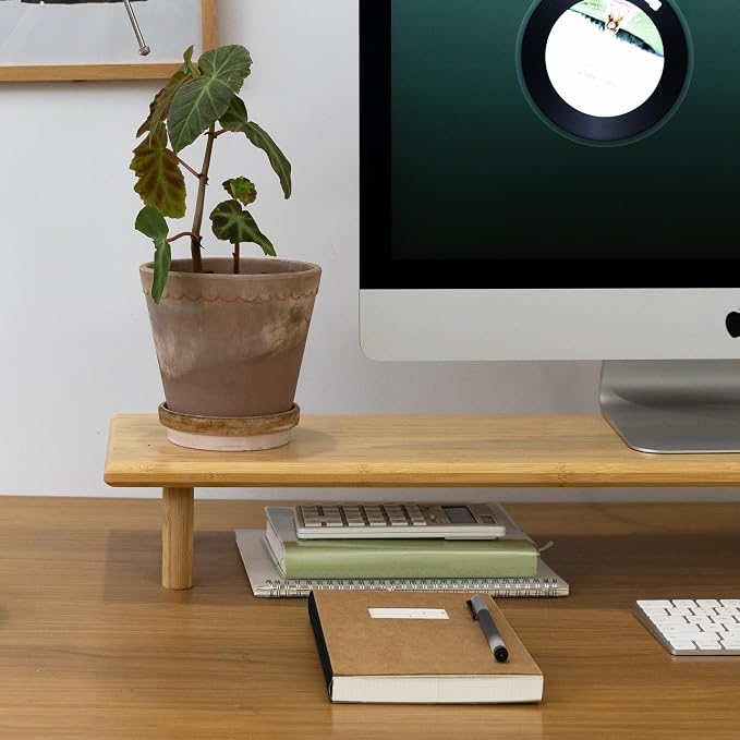 Bamboo Dual Monitor Stand Riser, Natural Desk Shelf with Storage | 39.37-Inch Wide, 3.5-Inch Clearance, Fits Keyboards, Soundbars and Two 24-Inch Monitors for Home Office