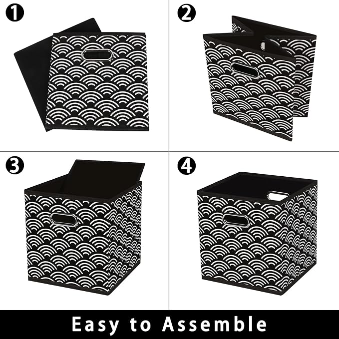 Fabric storage bins Cubes, Fabric Cube Organizer with Handle, Foldable Cube Bins for Cloth or Accessary Storage, 11x11x11, Set of 3, (Black clouds)