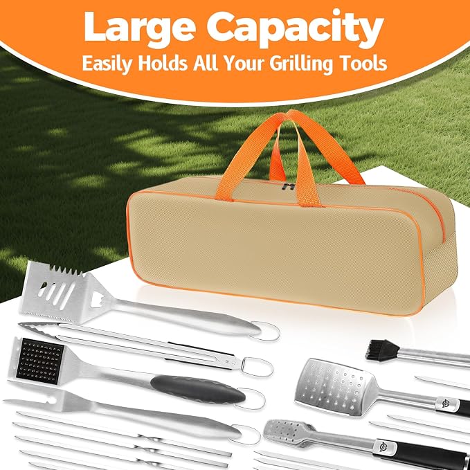 Grill Utensil Storage Bag for Outdoor Grilling, 24 x 8 x 8 in, Khaki | 1680D Oxford fabric, large capacity grill tool storage bag, accessories storage compatible with Blackstone griddle