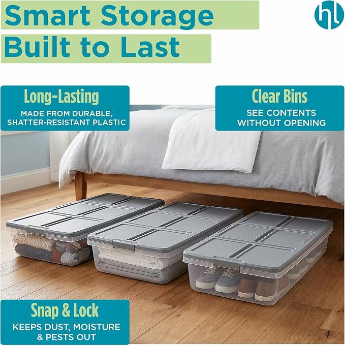 Home Logic 52 Qt Latched Underbed Storage Bin with Lid, Stackable Plastic Storage Container, Organizer for Home & Bedroom, 4 Pack, Gray