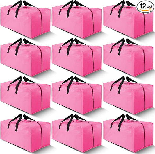 Cosy Family 12 Pack Heavy Duty Extra Large Moving Bags with Backpack Straps - Strong Handles & Zippers, Storage Totes For Space Saving, Fold Flat, Alternative to Moving Box, Pink