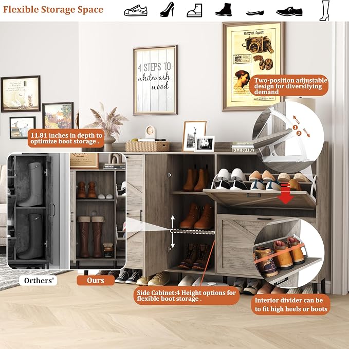 HOMEFORT Large Shoe Cabinet with 4 Flip Drawers, Farmhouse Narrow Shoe Organizer Cabinet for Entryway, Hidden Shoe Rack with Adjustable Side Cabinet for Boot Storage,6 Wood Legs, Washed Gray
